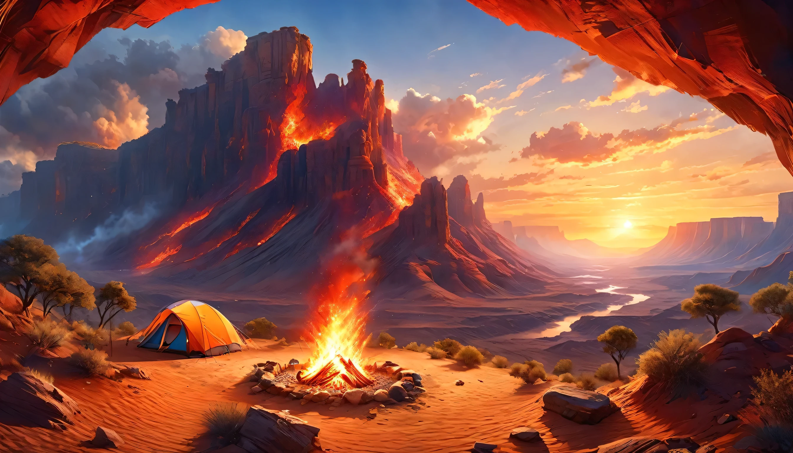 阿拉菲德, 一张露营的照片 (帐篷: 1.2) 和小 (营火: 1,2), 在沙漠山顶上, 日落时分的天空呈现出各种色调  (红色的: 1.1), (橙子: 1.1), (天蓝色: 1.1) (紫色的:1.1) 篝火营地冒出浓烟, 这里有壮丽的沙漠峡谷和沟壑景观, 地平线上稀疏的树木, 这是一个宁静的时刻, 和平, 和放松, 最好的质量, 16千,  照相写实主义, 国家地理摄影大赛获奖作品, 超广角拍摄, 狂暴星云, 女士影子