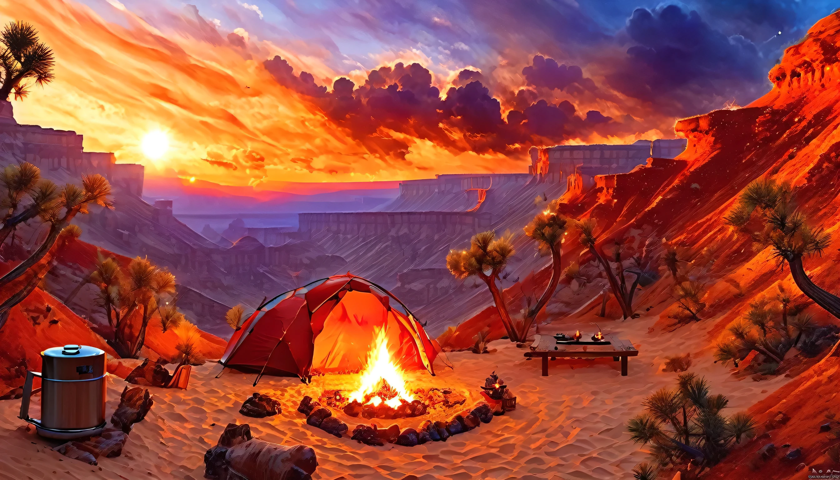 arafed, a picture of a camping (tent: 1.2) and small (campfire: 1.3), on a desert mountaintop, its sunset the sky are in various shades of  (red: 1.1), (orange: 1.1), (azure: 1.1) (purple:1.1) there is smoke rising from the fire camp, there is a magnificent view of the desert canyon and ravines, there is sparce trees on the horizon, it is a time of serenity, peace, and relaxation, best quality, 16K,  photorealism, National Geographic award winning photoshoot, ultra wide shot, RagingNebula, ladyshadow