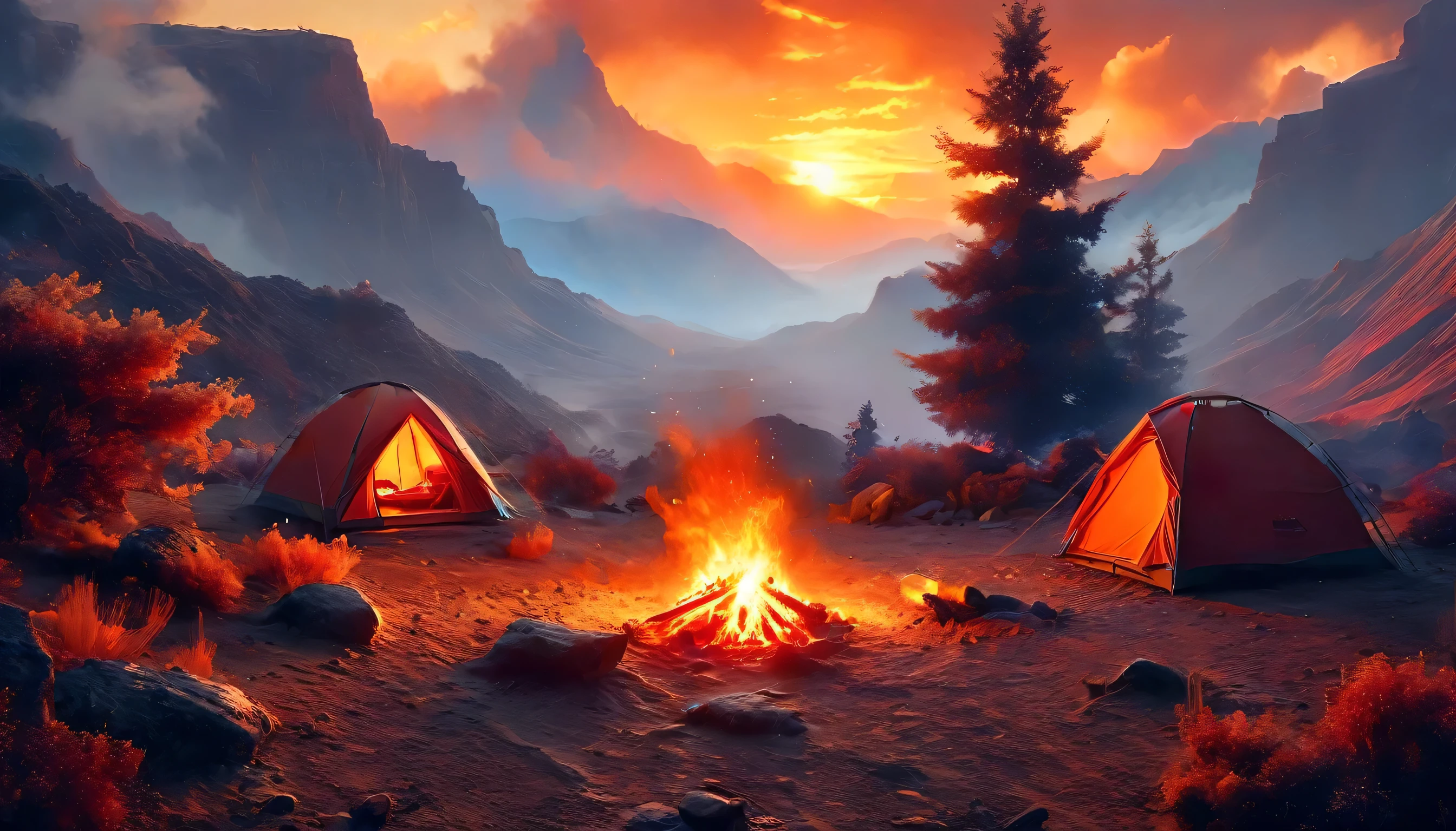 Арафед, картинка кемпинга (палатка: 1.2) и маленький (костер: 1.3), на вершине пустынной горы, закат, небо в разных оттенках  (Красный: 1.1), (Апельсин: 1.1), (лазурный: 1.1) (фиолетовый:1.1) из пожарного лагеря поднимается дым, открывается великолепный вид на пустынный каньон и ущелья, на горизонте редкие деревья, это время спокойствия, мир, и релаксация, Лучшее качество, 16 тыс.,  фотореализм, Фотосессия, удостоенная награды National Geographic, ультра широкий план, Бешеная туманность, Леди Тень