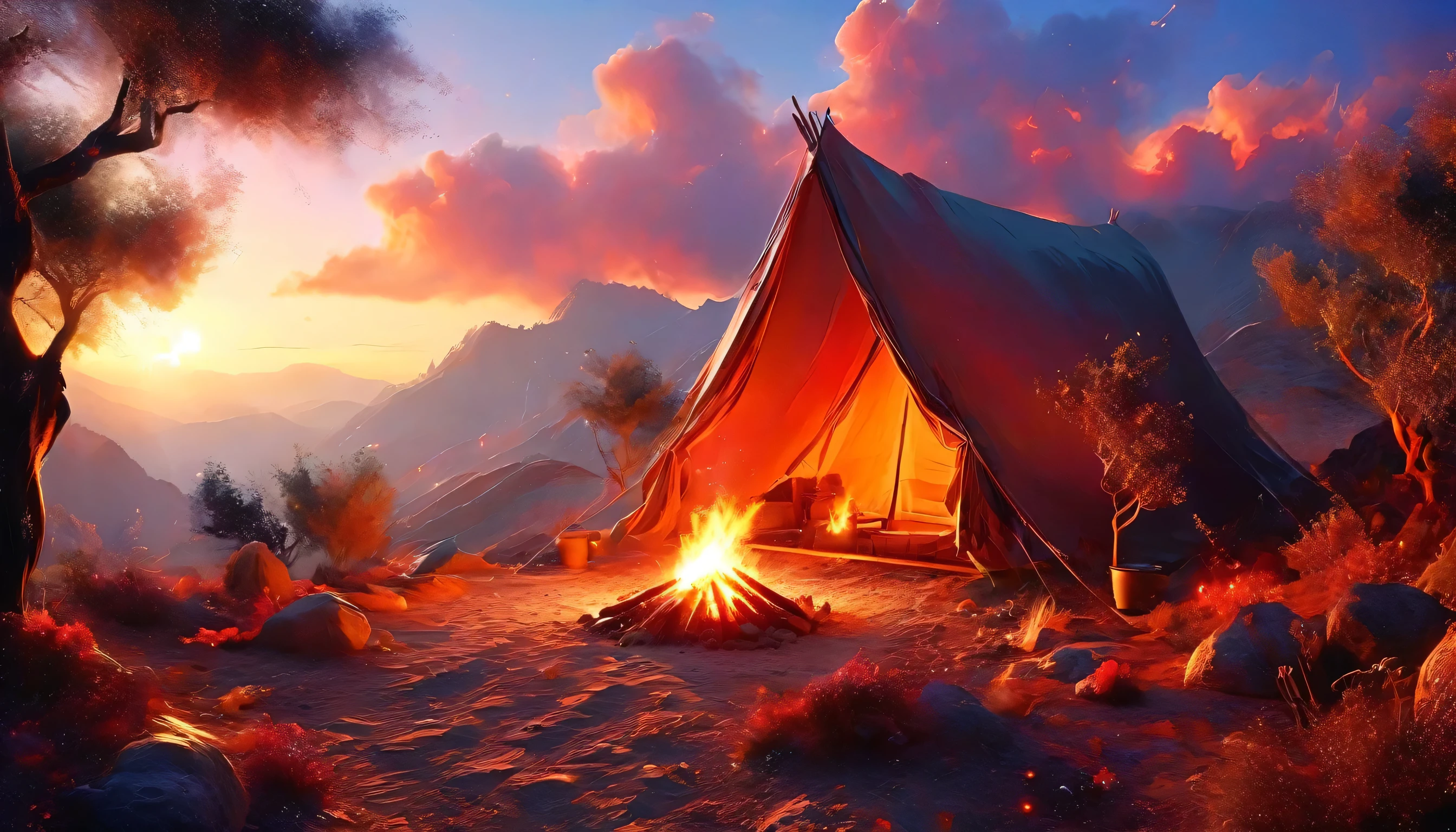 arabisch, ein Bild von einem Campingplatz (Zelt: 1.2) und Klein (Lagerfeuer: 1.3), auf einem einsamen Berggipfel, sein Sonnenuntergang der Himmel sind in verschiedenen Schattierungen von  (Rot: 1.1), (orange: 1.1), (azure: 1.1) (lila:1.1) aus dem Feuerlager steigt Rauch auf, Es gibt einen herrlichen Blick auf die Wüstenschlucht und die Schluchten, am Horizont sind spärliche Bäume, Es ist eine Zeit der Gelassenheit, Frieden, und Entspannung, beste Qualität, 16K,  Fotorealismus, Mit dem National Geographic Award ausgezeichnetes Fotoshooting, Ultraweite Aufnahme, RagingNebula, Abonnieren