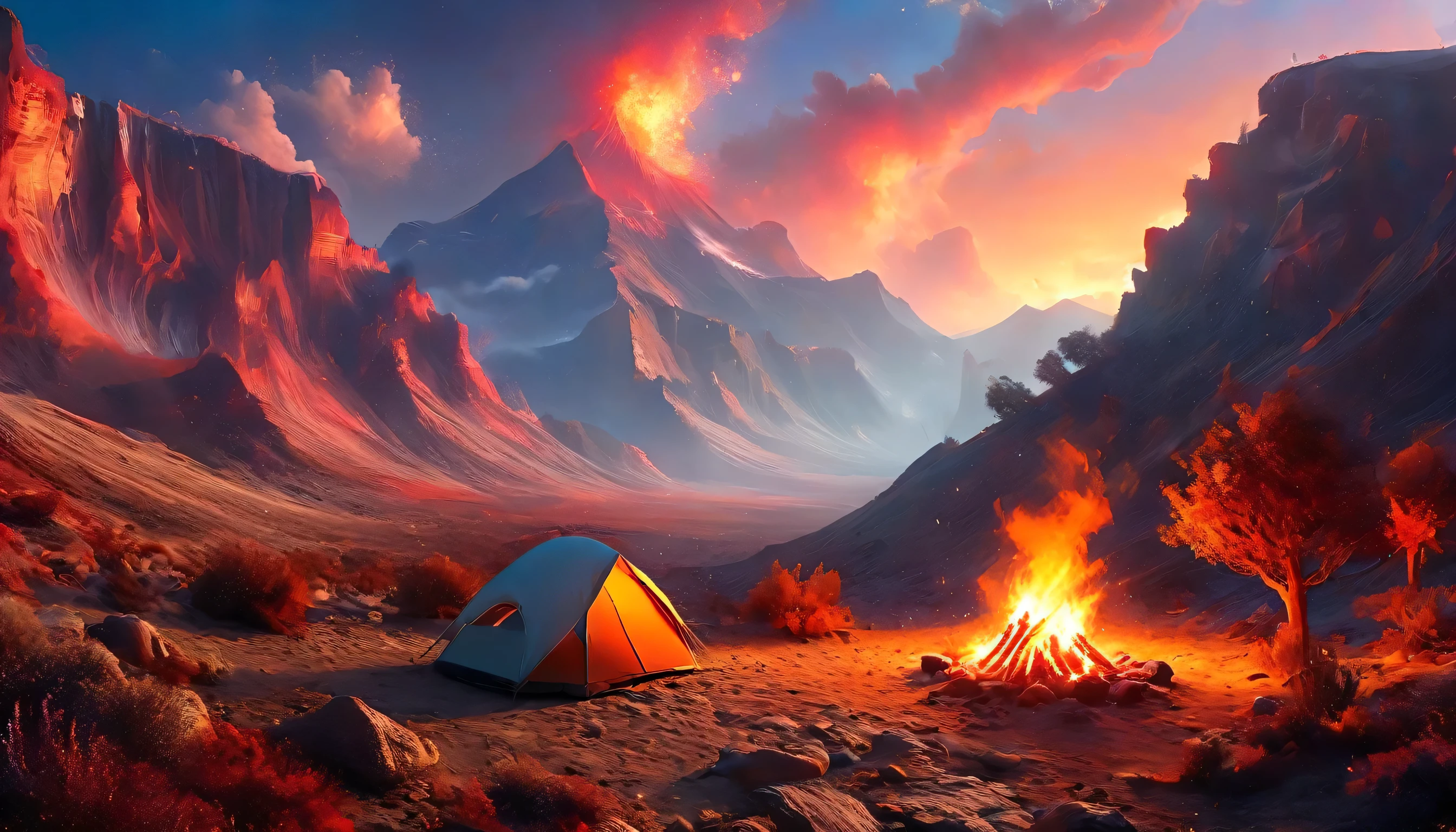 阿拉菲德, 一张露营的照片 (帐篷: 1.2) 和小 (营火: 1.3), 在沙漠山顶上, 日落时分的天空呈现出各种色调  (红色的: 1.1), (橙子: 1.1), (天蓝色: 1.1) (紫色的:1.1) 篝火营地冒出浓烟, 这里有壮丽的沙漠峡谷和沟壑景观, 地平线上稀疏的树木, 这是一个宁静的时刻, 和平, 和放松, 最好的质量, 16千,  照相写实主义, 国家地理摄影大赛获奖作品, 超广角拍摄, 狂暴星云, 女士影子