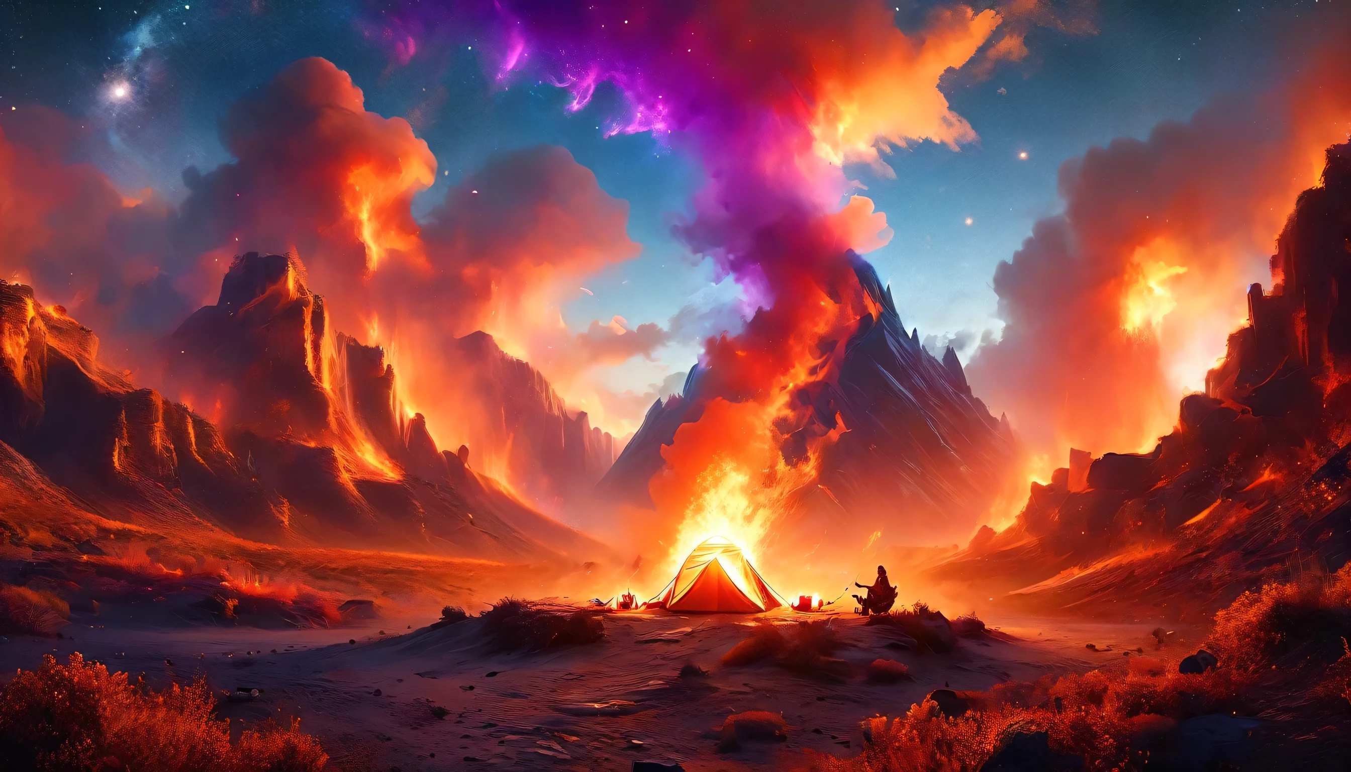 arabisch, ein Bild von einem Campingplatz (Zelt: 1.2) und Klein (Lagerfeuer: 1.3), auf einem einsamen Berggipfel, sein Sonnenuntergang der Himmel sind in verschiedenen Schattierungen von  (Rot: 1.1), (orange: 1.1), (azure: 1.1) (lila:1.1) aus dem Feuerlager steigt Rauch auf, Es gibt einen herrlichen Blick auf die Wüstenschlucht und die Schluchten, am Horizont sind spärliche Bäume, Es ist eine Zeit der Gelassenheit, Frieden, und Entspannung, beste Qualität, 16K,  Fotorealismus, Mit dem National Geographic Award ausgezeichnetes Fotoshooting, Ultraweite Aufnahme, RagingNebula, Abonnieren