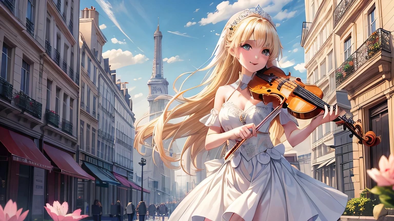 One girl, ((high quality)),((masterpiece)), elegant clothes, Fairy　,  White skin　, Avatar Girl, Blond messy hair,　city, Paris, cute,sexy, smile, spring , elegant ,🪻,🏵️💮🌸🪷🌷 , Playing the violin, 