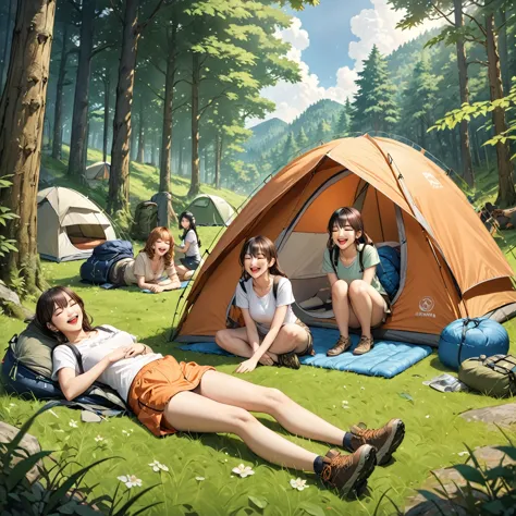 highest quality, masterpiece, ultra-high definition portraits, highly detailed background, anime character, a lively camp scene,...