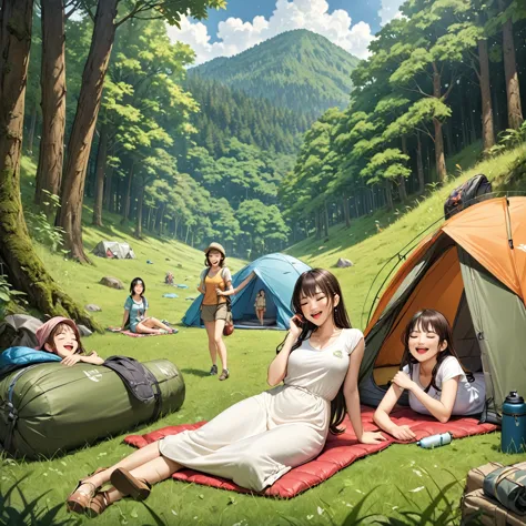 highest quality, masterpiece, ultra-high definition portraits, highly detailed background, anime character, a lively camp scene,...