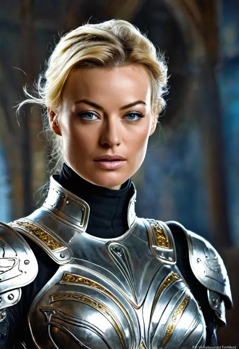 Yvonne Strahovski is a beautiful ethereal knight, cheveux blanc neige, in the style of Boris Vallejo,  highly detailed sexy biom...