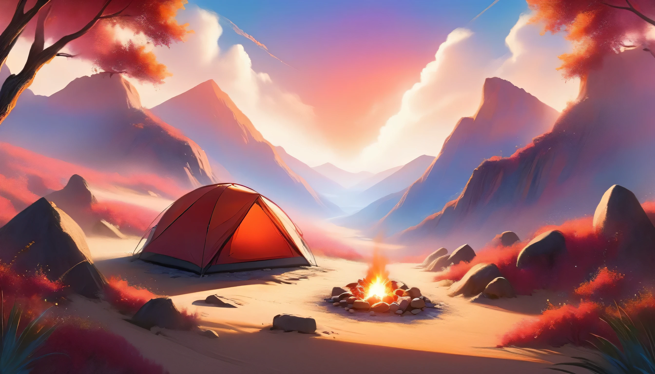 Arafed, une photo d&#39;un camping (Tente: 1.2) et petit (feu de camp: 1.3) ((près)) the Tente, au sommet d&#39;une montagne déserte, son coucher de soleil, le ciel est dans différentes nuances de  (rouge: 1.1), (orange: 1.1), (Azur: 1.1) (violet:1.1) il y a de la fumée qui s&#39;élève du camp de pompiers, il y a une vue magnifique sur le canyon et les ravins du désert, il y a des arbres rares à l&#39;horizon, c&#39;est un moment de sérénité, paix, et détente, meilleure qualité, 16k,  photoréalisme, Séance photo primée par le National Geographic, plan ultra large, nébuleuse enragée, ombre de dame