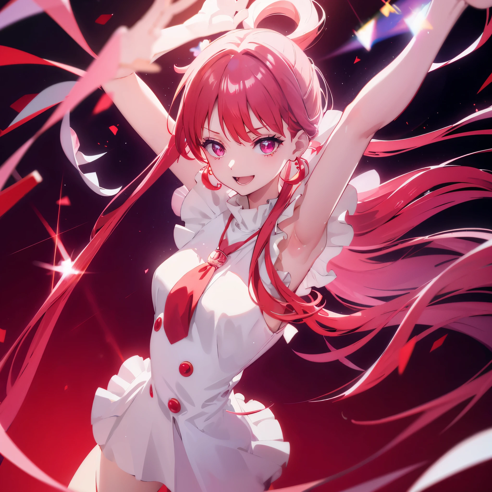 Red and white hair　Idol Floating notes in the sky　pendant　Shiny earrings　Flowing hair　Bathed in light　Open your mouth　smile　Hold the microphone　Shining Aura　Shining　Crystal Eyes