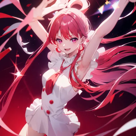 Red and white hair　Idol Floating notes in the sky　pendant　Shiny earrings　Flowing hair　Bathed in light　Open your mouth　smile　Hold...