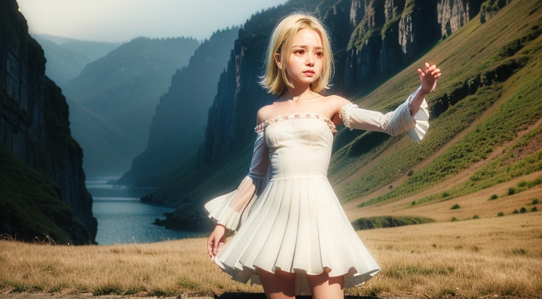 (masterpiece,realistic,best quality,ultra detailed,perfect lighting,sharp),nsfw,Elaine,standing,small breasts,sweatdrop,blonde,white dress,frills,long dress,strip,armpit peek,smirk,smug,off shoulder,orange eyes,short hair,detached sleeves,white heels,outdoors,fantasy,day,landscape