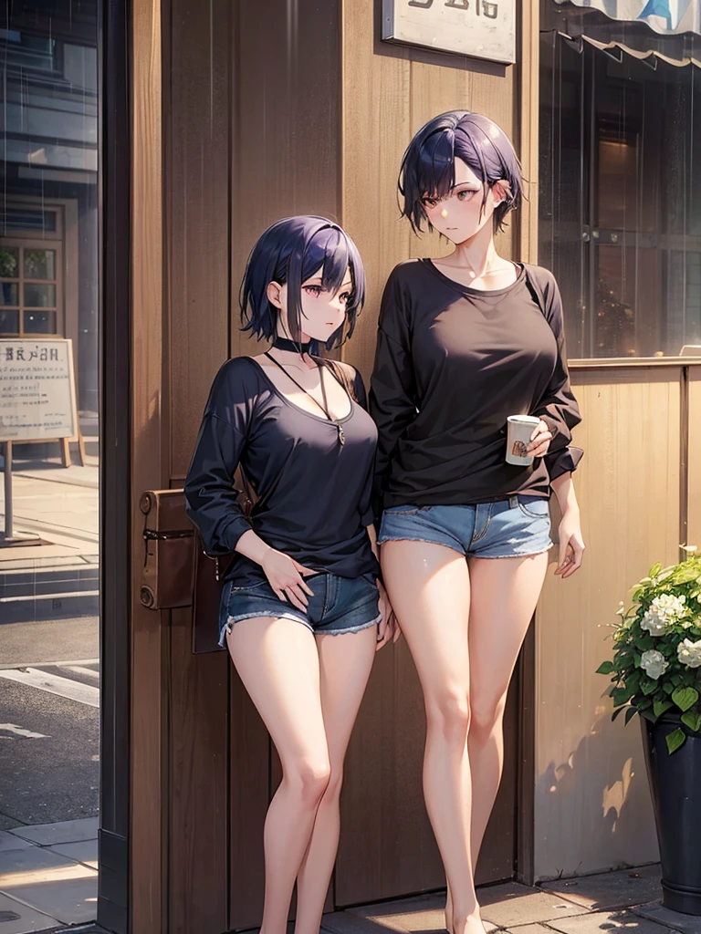 ((masterpiece , best quality)), ((( 1 girl ))), dark blue hair, cool looking woman, short hair, tomboy, mature woman, expressive eyes, heterochromaia eyes , (perfect female proportions), (very large breasts), women loose shirt, with casual shorts, long legs, skinny legs, slim hips, tomboy, milfication, mature female, casual clothes, the loneliest girl, artistic, inspired, golden hour, warm, (rain, sad, Hydrangea, Hortensia), luminism, ethereal, Makoto Shinkai, Krenz Cushart, Anime art , Surrealism, a contrast between the realistic and the absurd, Focused on Woman, chaotic, High Creative, Dynamic, informative, High detailing, cinematic, complex background