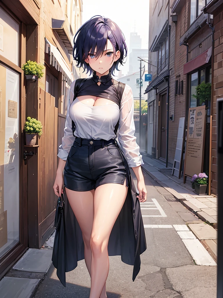 ((masterpiece , best quality)), ((( 1 girl ))), dark blue hair, cool looking woman, short hair, tomboy, mature woman, expressive eyes, heterochromaia eyes , (perfect female proportions), (very large breasts), women loose shirt, with casual shorts, long legs, skinny legs, slim hips, tomboy, milfication, mature female, casual clothes, the loneliest girl, artistic, inspired, golden hour, warm, (rain, sad, Hydrangea, Hortensia), luminism, ethereal, Makoto Shinkai, Krenz Cushart, Anime art , Surrealism, a contrast between the realistic and the absurd, Focused on Woman, chaotic, High Creative, Dynamic, informative, High detailing, cinematic, complex background