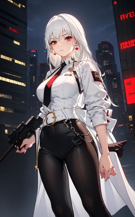 1girl, close up shot, (white hair, medium hair, large breasts, red eyes), perfect anatomy, city, cyberpunk style, ((white shirt,...