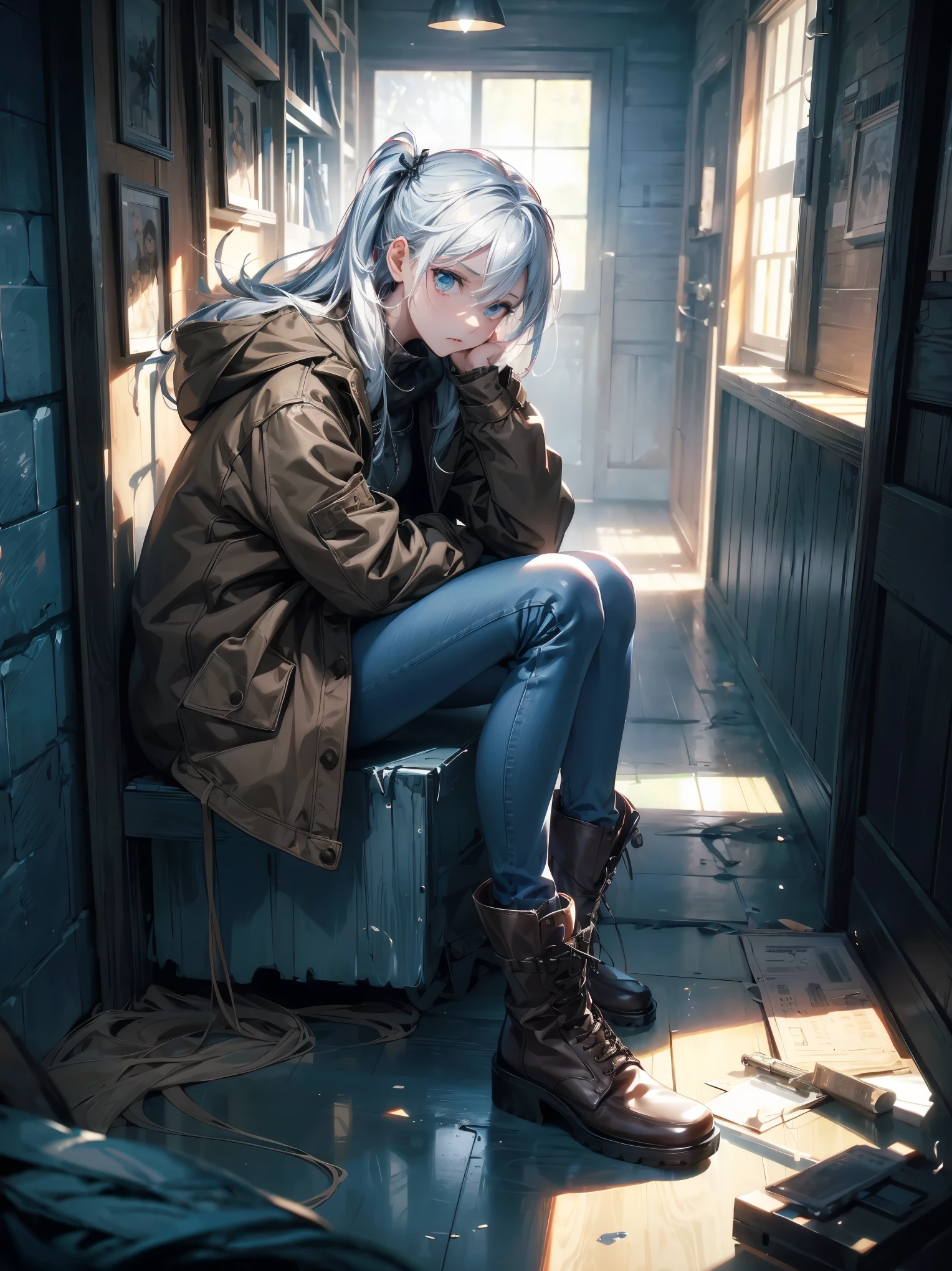 ((Suspense scenes ((concept art)), Very detailed，There was a girl wearing blue jeans, Brown coat and boots)), (Better lighting, Better shadows, Extremely subtle and terrifying), (Digital Illustration), ((4K )), [(Dynamic angle,((1 Girl)),white hair, (Pretty Face, Perfect face, scared,) Expression of fear, Torn clothes, With a gun in hand, Sitting on the floor, darkness, House of Horrors),  [:(dark, mystery, Game Paint, Harsh environment, Zigzag corridor, big house, Dead):]