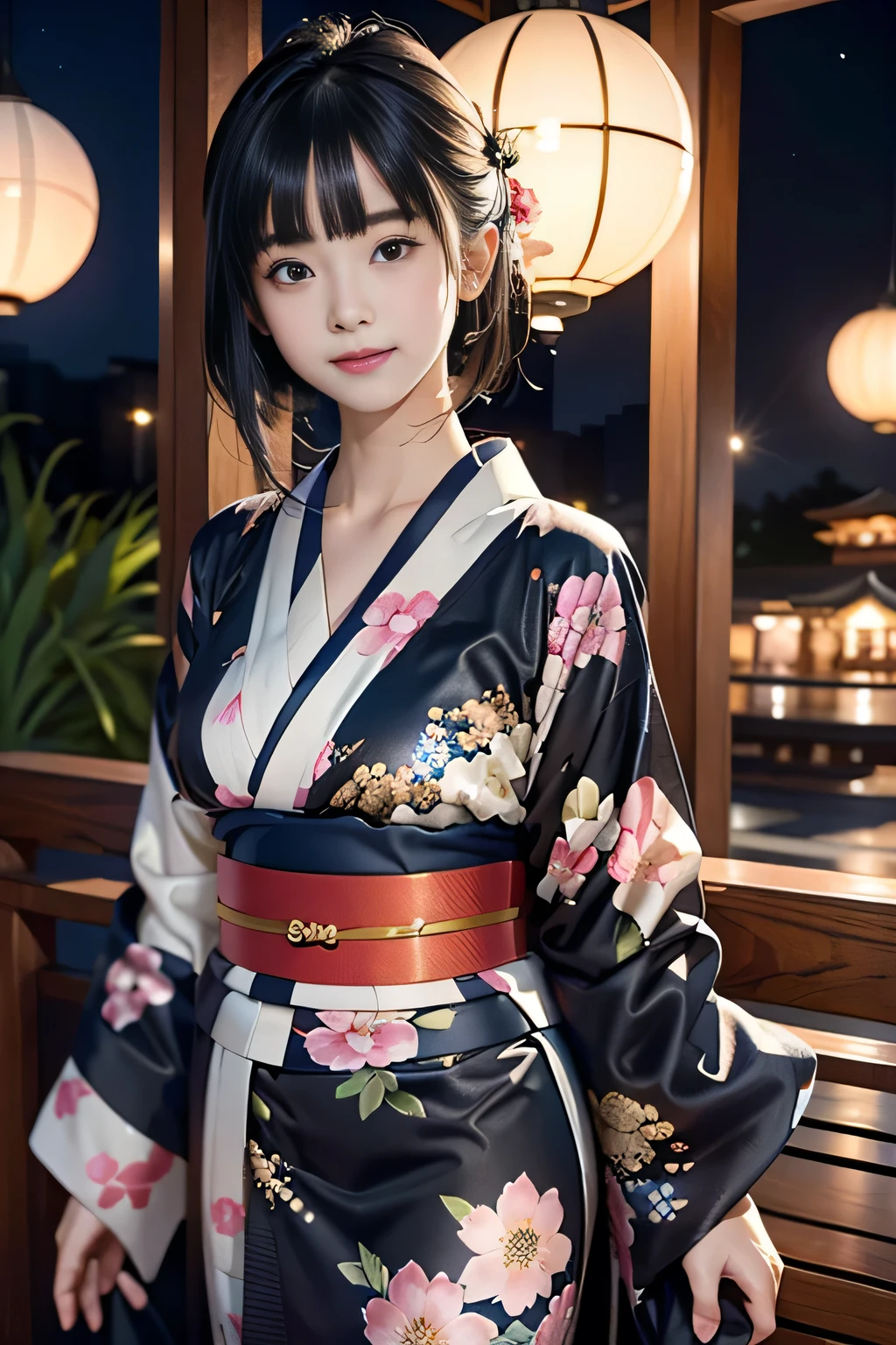 ♥(Kimono japonais imprimé de belles fleurs,Yukata),((1fille,mignon,jeune,Beaux cheveux noirs mi-longs,frange émoussée,contes jumeaux,Beaux yeux)),(seulement),((chef-d&#39;œuvre, la plus haute résolution,meilleure qualité)), (belle illustration),(Kimono japonais imprimé de belles fleurs,Yukata), (regarder le spectateur), sourire innocent,éclairage cinématographique,Fête japonaise,Décrochage,feux d&#39;artifice,ciel de nuit,pleine lune,étoile filante,