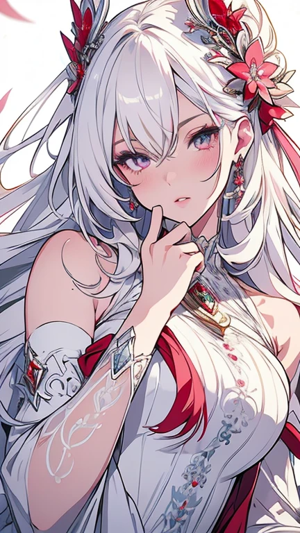 beautiful detailed eyes, beautiful detailed lips, extremely detailed eyes and face, longeyelashes, 1girl, white hair, anime style, hyper realistic, high quality, 8k, masterpiece, photorealistic, studio lighting, vivid colors, intricate details, elegant pose, soft lighting, cool color palette, cute and hot. White and pink, red . Sexy hot dress