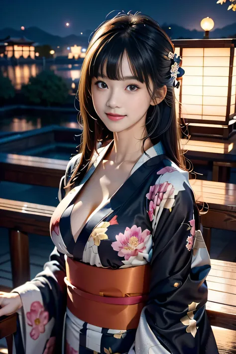 (high angle,from above,cleavage),♥(Japanese beautiful flower printed kimono,yukata),((1girl,cute,young,semi long beautiful black...