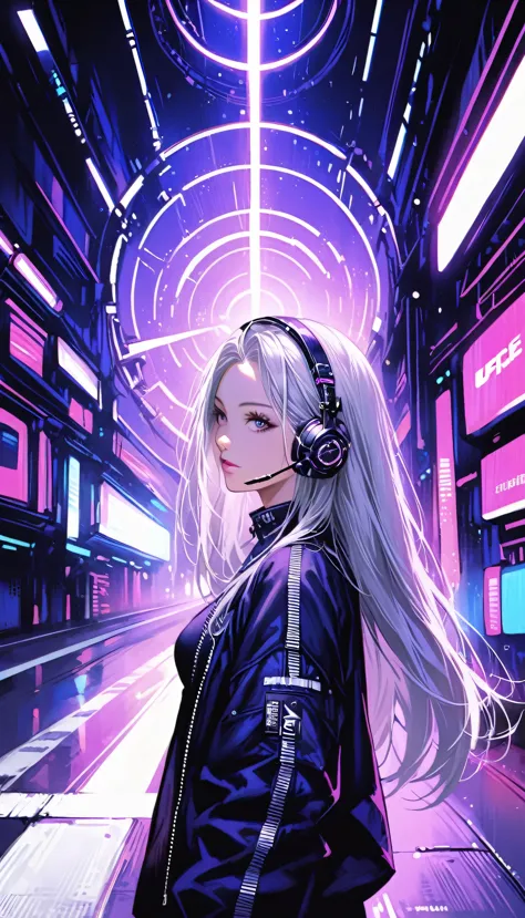 One girl, Gray Hair, Long Hair, Techwear masterpiece, highest quality, Realistic, realism, Dark purple jacket, Portraiture, Fine...