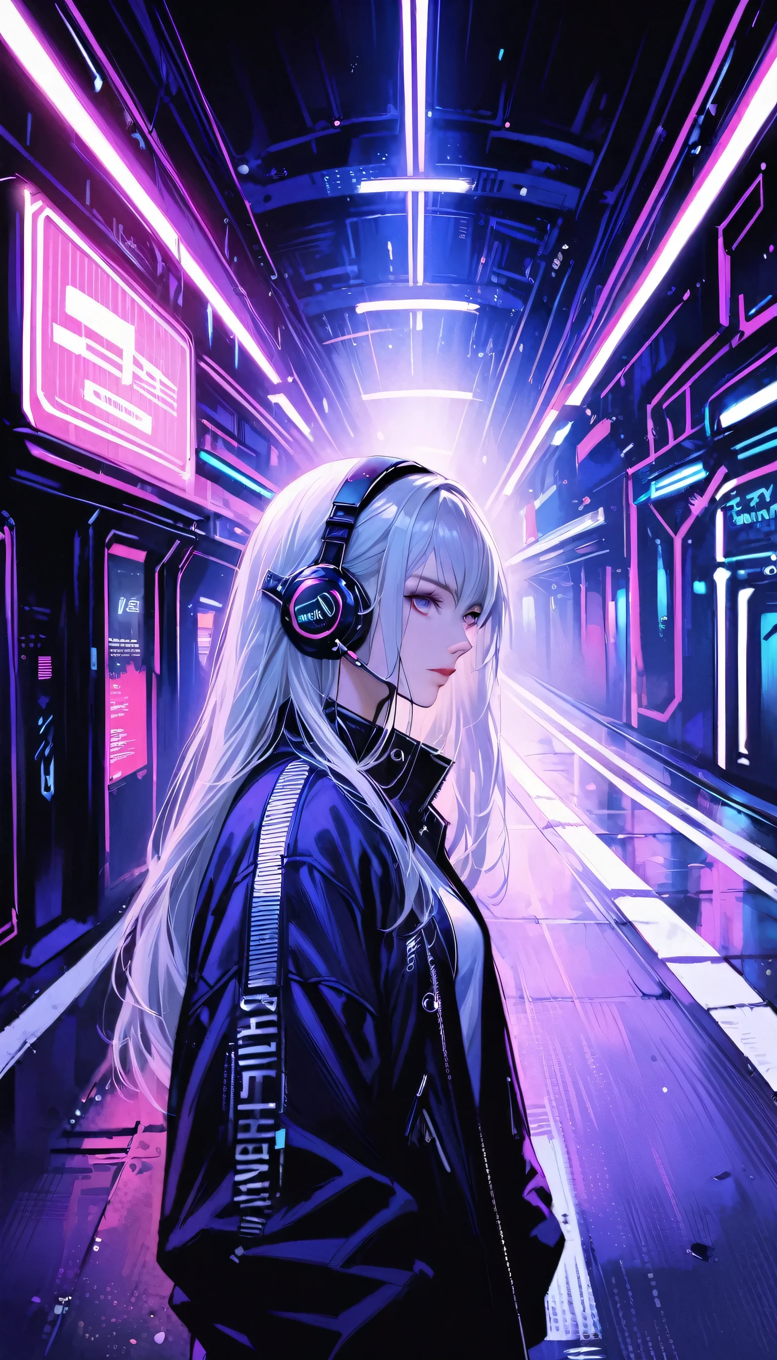 One girl, Gray Hair, Long Hair, Techwear masterpiece, highest quality, Realistic, realism, Dark purple jacket, Portraiture, Fine grain, Wearing the headset, Platinum Hair, 21 year old girl, Fashion pose, Half Body, Wide shot, on the road, cyber punk