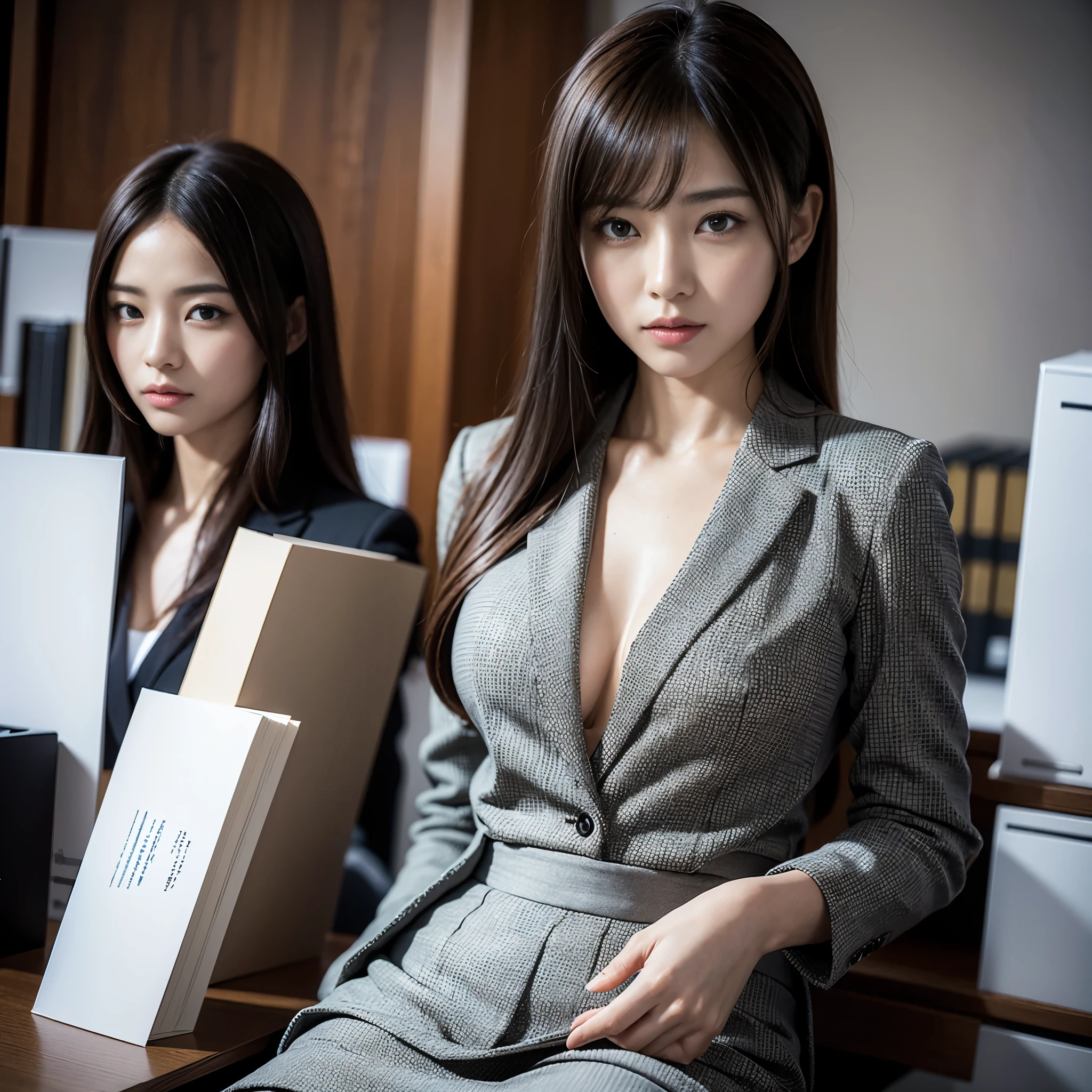 suit,2 lady,realistic,(ultra quality:1.2),japanese,high quality,masterpiece,(ultra detailed:1.4),japanese lady,beautiful face,(V-neck skirt-suit:1.1),((office)),slender,highres,