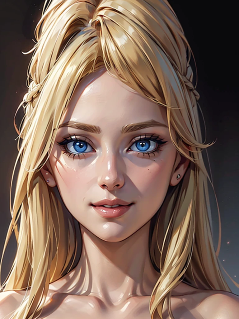 Incredibly beautiful young fatal blonde with golden hair, she has blue eyes, long golden hair beautifully styled, Masterpiece, detailed study of the face, beautiful face, beautiful facial features, perfect image, realistic pictures, detailed study of faces, full-length image, 8k, detailed image, extremely detailed illustration, a real masterpiece of the highest quality, with careful drawing. detailed eyes, beautiful face, blue eyes, smoky eyes, blonde long hair with a red ribbon, blonde, smile
