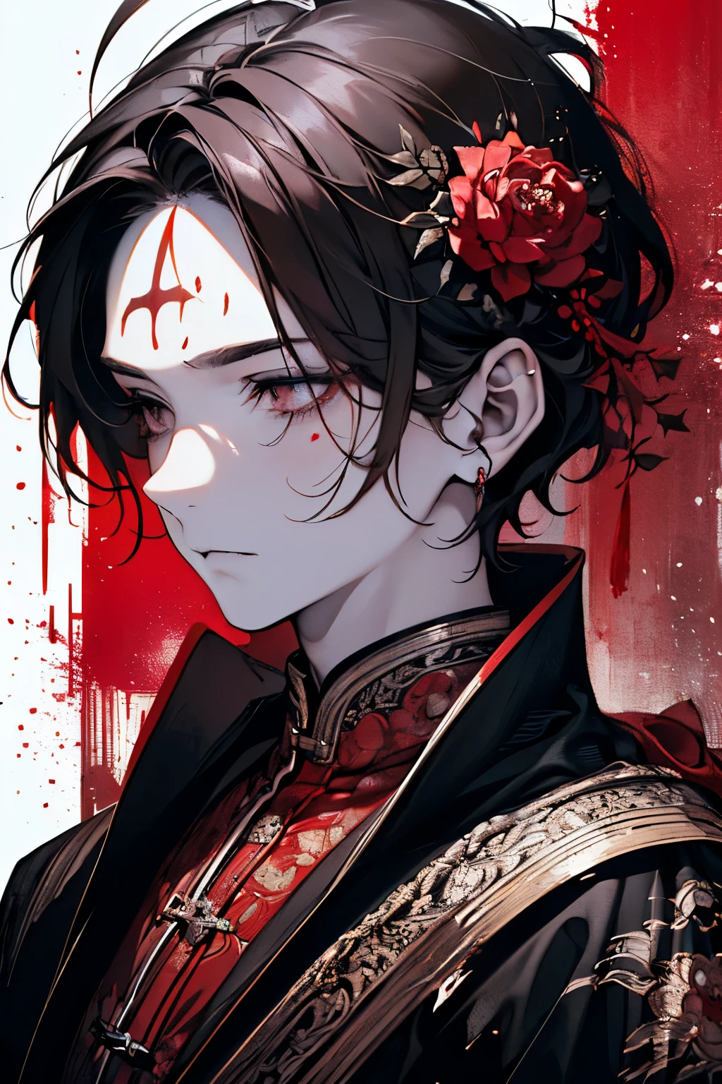 ((Male, around 18 years old:1.2)),(extremely detailed 8K wallpaper),(ultra-detailed),(best quality),(masterpiece),(highly detailed),(cinematic lighting),(Original),Cold ligh，moody,(Chinese elaborate-style painting ),ink style,32K depth of field,1girl,solo,((busts)),((red marks on forehead)),(((villain image)))