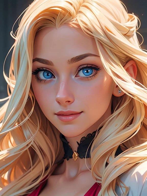 Incredibly beautiful young fatal blonde with golden hair, she has blue eyes, long golden hair beautifully styled, Masterpiece, detailed study of the face, beautiful face, beautiful facial features, perfect image, realistic pictures, detailed study of faces, full-length image, 8k, detailed image, extremely detailed illustration, a real masterpiece of the highest quality, with careful drawing. detailed eyes, beautiful face, blue eyes, smoky eyes, blonde long hair with a red ribbon, blonde, smile,