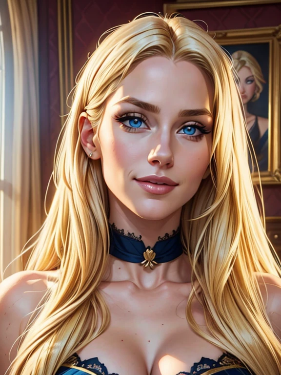 Incredibly beautiful young fatal blonde with golden hair, she has blue eyes, long golden hair beautifully styled, Masterpiece, detailed study of the face, beautiful face, beautiful facial features, perfect image, realistic pictures, detailed study of faces, full-length image, 8k, detailed image, extremely detailed illustration, a real masterpiece of the highest quality, with careful drawing. detailed eyes, beautiful face, blue eyes, smoky eyes, blonde long hair with a red ribbon, blonde, smile,