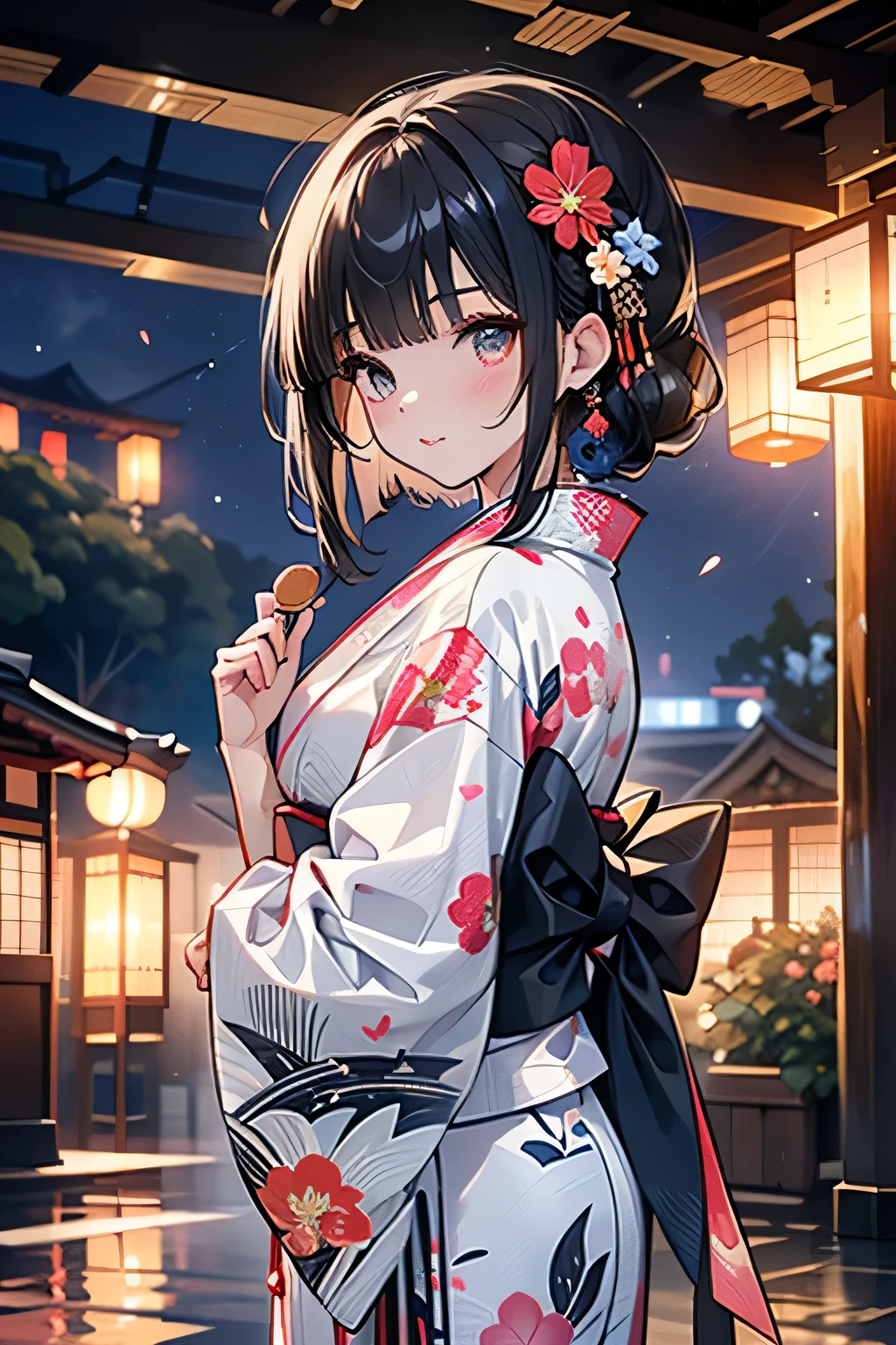 ♥(Japanese beautiful flower printed kimono,yukata),((1girl,cute,young,semi long beautiful black hair,blunt bangs,twin tales,beautiful eyes)),(solo),((masterpiece, highest resolution,best quality)), (beautiful illustration),(Japanese beautiful flower printed kimono,yukata), (looking at the viewer), innocent smile,cinematic lighting,Japanese Festival,stall,fireworks,night sky,full moon,shooting star,