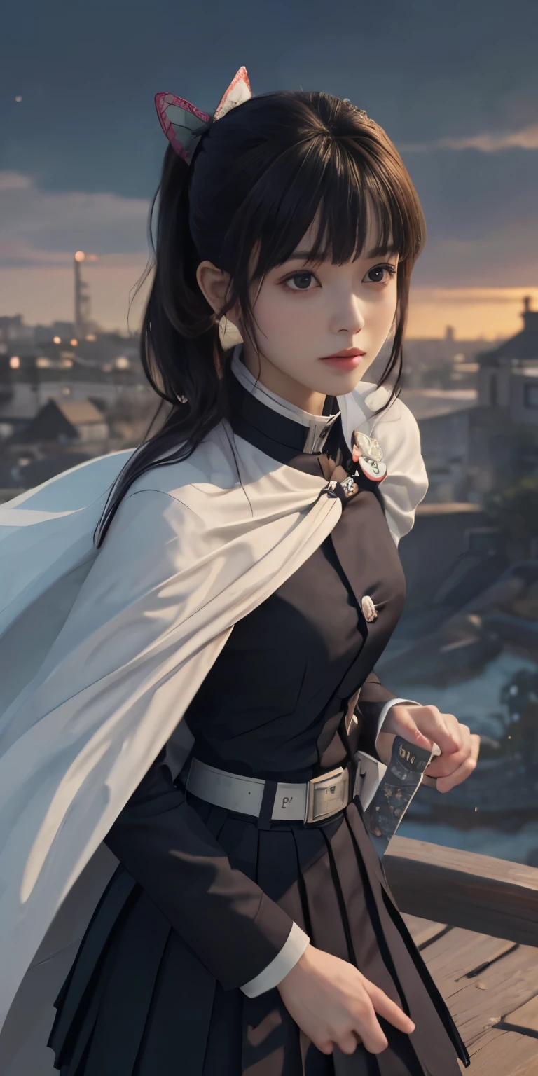 (RAW Photos, highest quality), (Realistic, Photorealistic Truth: 1.3), highest quality, Very detailed, masterpiece, Ultra-detailed, figure, One girl, kanao tsuyuri, ((Bangs Patsun,Side ponytail)),(( Demon Slayer uniform:1.4)), Butterfly Hair Ornament,( white belt), ( White Cape),, (Black jacket), (Pleated skirt), belt, (Black Skirt), knees, buckle, belt buckle, upper_body, Dynamic Angle, World Mastery Theatre, long hair flying, Fluorescent Centred, highest quality, Highly detailed CG integrated 8K wallpaper, ink, wonderful, Cinema Lighting, lens_Flare, wuxia_style,(((Straight Bangs:1.4))),(blunt bangs:1.4), Natural makeup,Combat Ready, Giant tit，Various poses,A broad perspective,