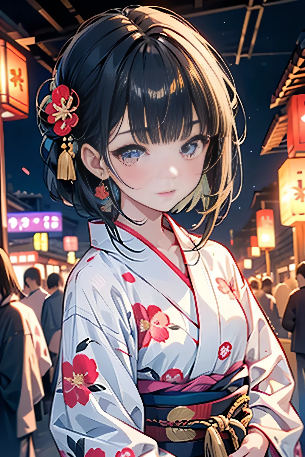 ♥(Japanese beautiful flower printed kimono,yukata),((1girl,cute,young,semi long beautiful black hair,blunt bangs,twin tales,beautiful eyes)),(solo),((masterpiece, highest resolution,best quality)), (beautiful illustration),(Japanese beautiful flower printed kimono,yukata), (looking at the viewer), innocent smile,cinematic lighting,Japanese Festival,stall,fireworks,night sky,full moon,shooting star,