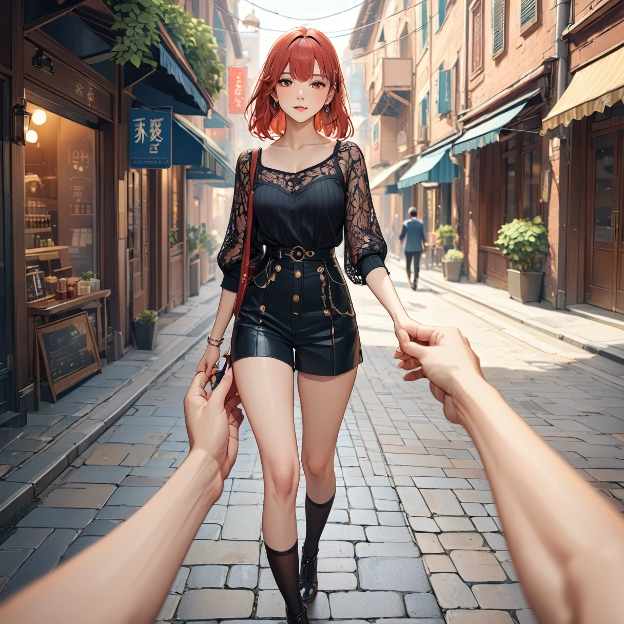 One girl，Super detailed，High resolution，masterpiece，by_style，boyfriend_Holding_hand，1 観客とhandをつなぐ少女のhand，Walking while looking at me, Let&#39;s take a walk on the bridge, From above,