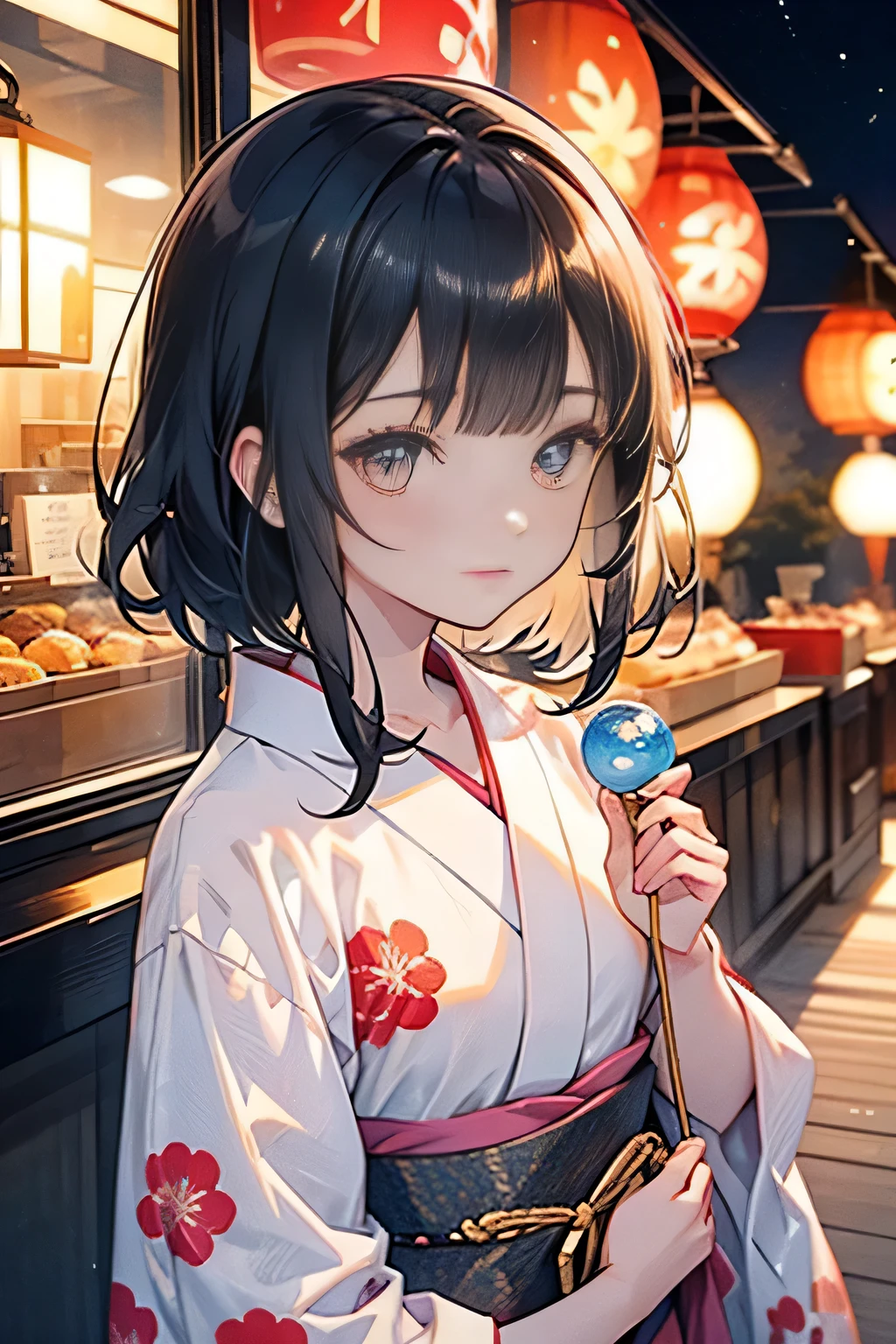 ♥(Japanese beautiful flower printed kimono,yukata),((1girl,cute,young,semi long beautiful black hair,blunt bangs,twin tales,beautiful eyes)),(solo),((masterpiece, highest resolution,best quality)), (beautiful illustration),(Japanese beautiful flower printed kimono,yukata), (looking at the viewer), innocent smile,cinematic lighting,Japanese Festival,stall,fireworks,night sky,full moon,shooting star,