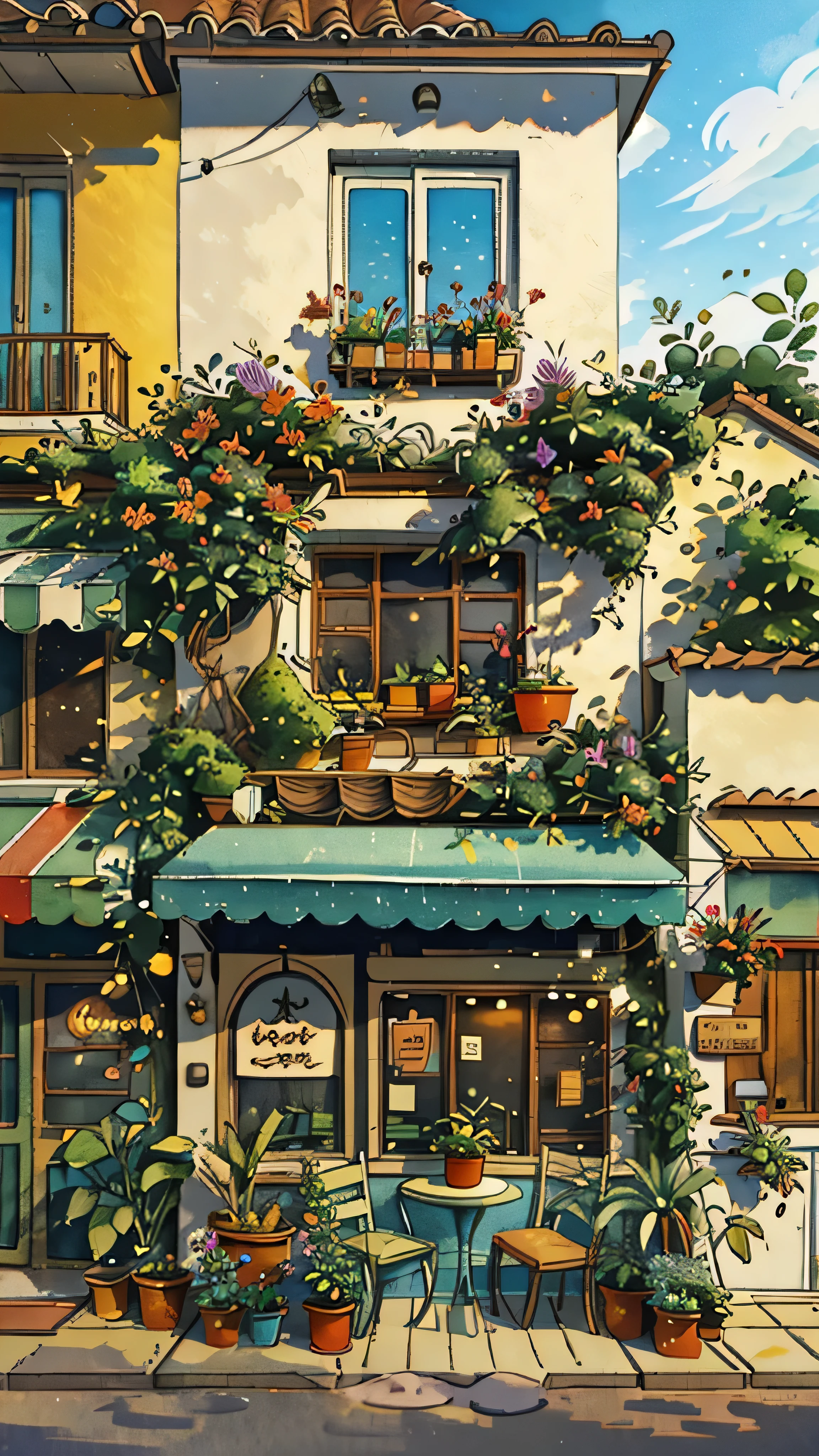 JZCG021,Flower store,coffee spot,tables,chairs,no one,windows,flowers,plants,potted plants,watercolor (medium),landscapes,doors,air conditioning,paintings (medium),traditional media,houses,outdoors,balconies,architecture,masterpiece,best quality,high quality,Botanical,, masterpiece,best quality,high quality, moss, blue sky