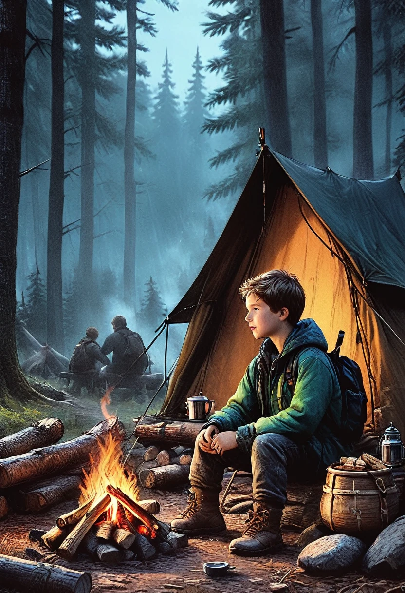 A boy camping in the wilderness, a tent, a campfire with firewood, drinking coffee, sitting near the fire, (best quality,4k,8k,highres,masterpiece:1.2),ultra-detailed,(realistic,photorealistic,photo-realistic:1.37),HDR,UHD,studio lighting,ultra-fine painting,sharp focus,physically-based rendering,extreme detail description,professional,vivid colors,bokeh,landscape