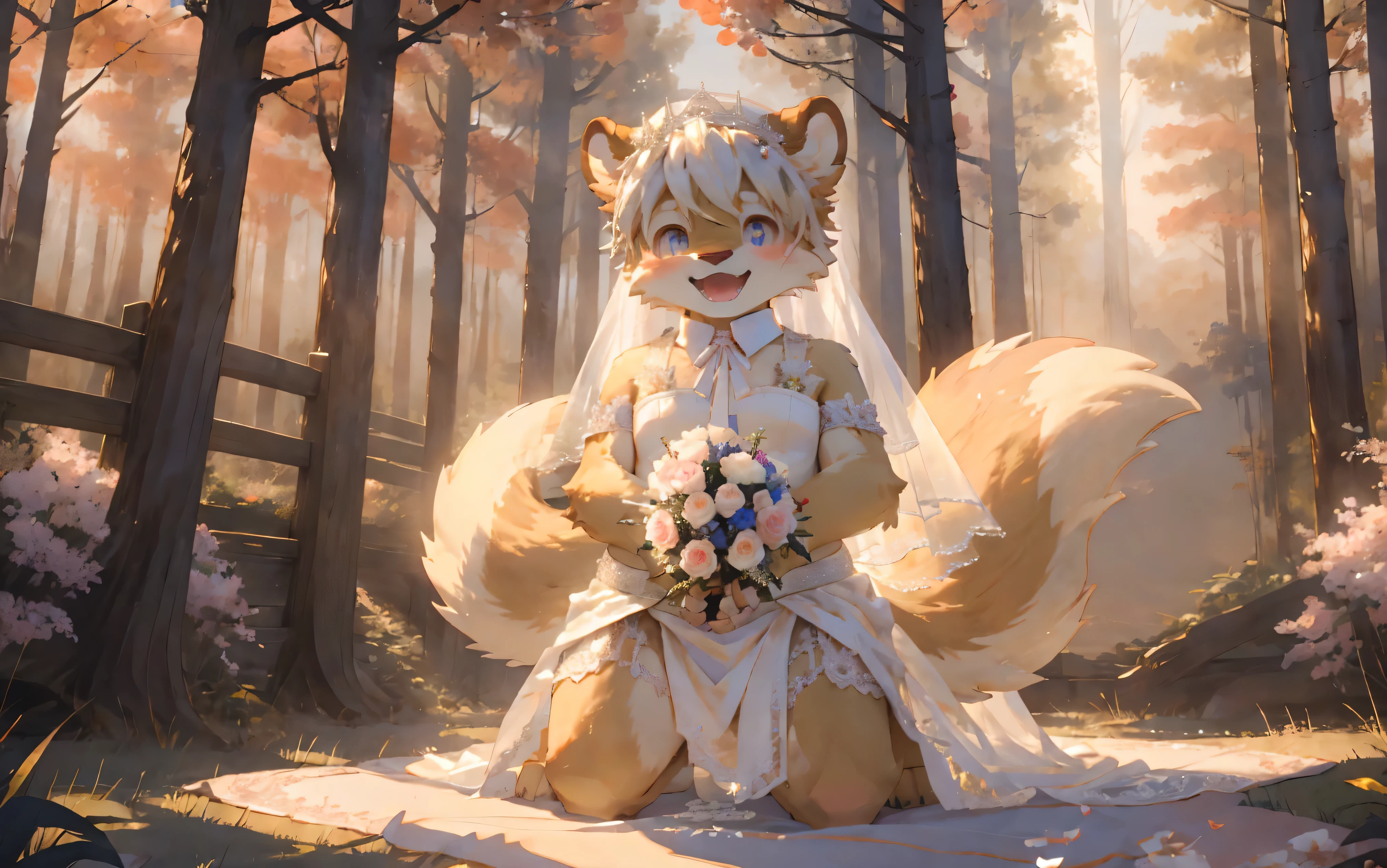 (masterpiece)，(Very detailed)，(best quality)，hairy，Golden fur，There is no pattern，Round ears，white hair，Black pupil，（child），（squirrel），((Happy expression))，8k，(high quality)，(Ultra HD)，(Ultra Detailed)，（Young child），Forest background，（Complete Wedding dress），Sparkling eyes，男，early morning，Fluffy tail，Front view，One person，Eye highlights，Foot focus，Wear a wedding dress，Wedding dress，Kneeling on the ground，blush，（White loincloth），Open your hands，cute，Acting cute，Golden Skin，Perfect sunshine，butt，Hips，