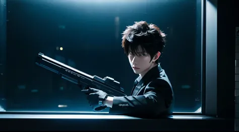 art style in the style of psycho-pass, dominator gun, anime, kogami, wielding dominator gun, dark metro, window with light, nigh...