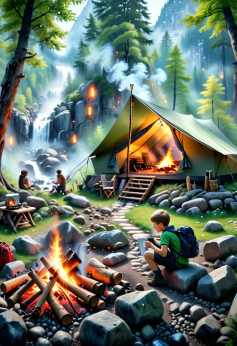 A boy camping in the wilderness, a tent, a campfire with firewood, drinking coffee, sitting near the fire, (best quality,4k,8k,h...