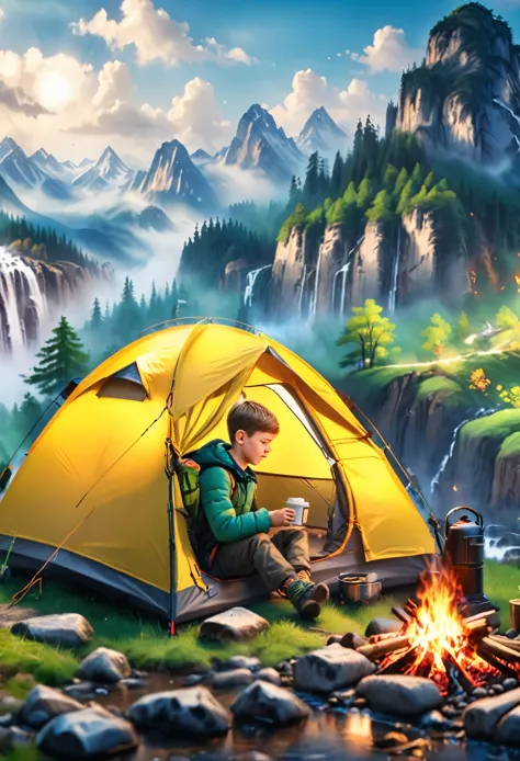 A boy camping in the wilderness, a tent, a campfire with firewood, drinking coffee, sitting near the fire, (best quality,4k,8k,h...