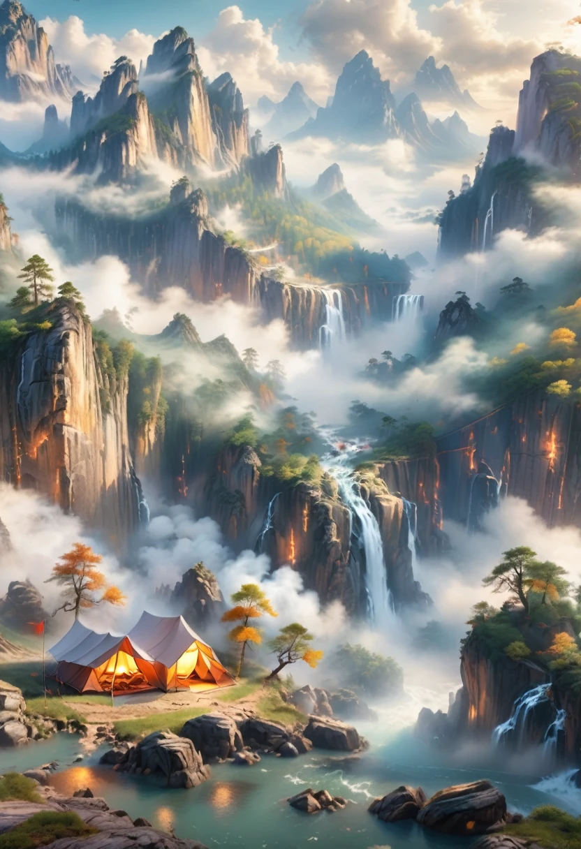 paisagem de fantasia detalhada, paisagem épica realista, acampar no penhasco, bela vista panorâmica, penhasco dramático, 8K ultra-detalhado, hiperrealista, Obra de arte, iluminação cinematográfica, fundo intrincado, nuvens dinâmicas, paleta de cores quentes, luz solar natural, profundidade de campo, volumetric fog