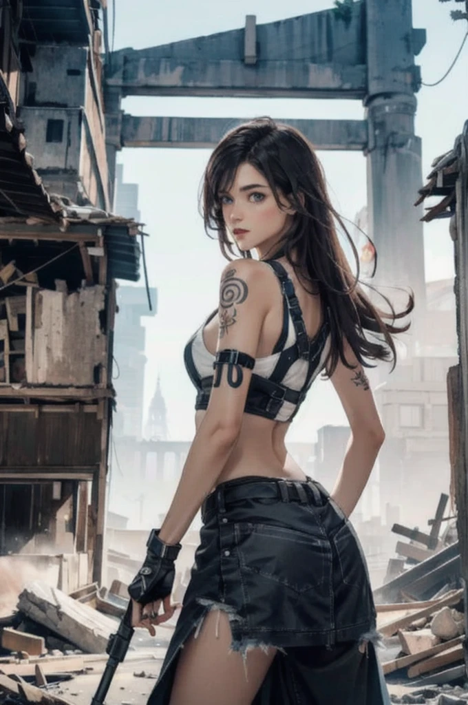 Detailed photo of a futuristic beautiful female warrior in a dystopian city, Tattered outfit with rusty metal armor plates, long and disheveled hair, Tattoos on the arm and body, Fashion pose, Blue eyes with round irises, Detailed face, Apocalyptic Environment, Natural body pose, Professional Photographer, Shooting with a professional SLR camera, Professional fantasy artist, Professional Rococo and Baroque Background Artist, Professional Art Station Artists