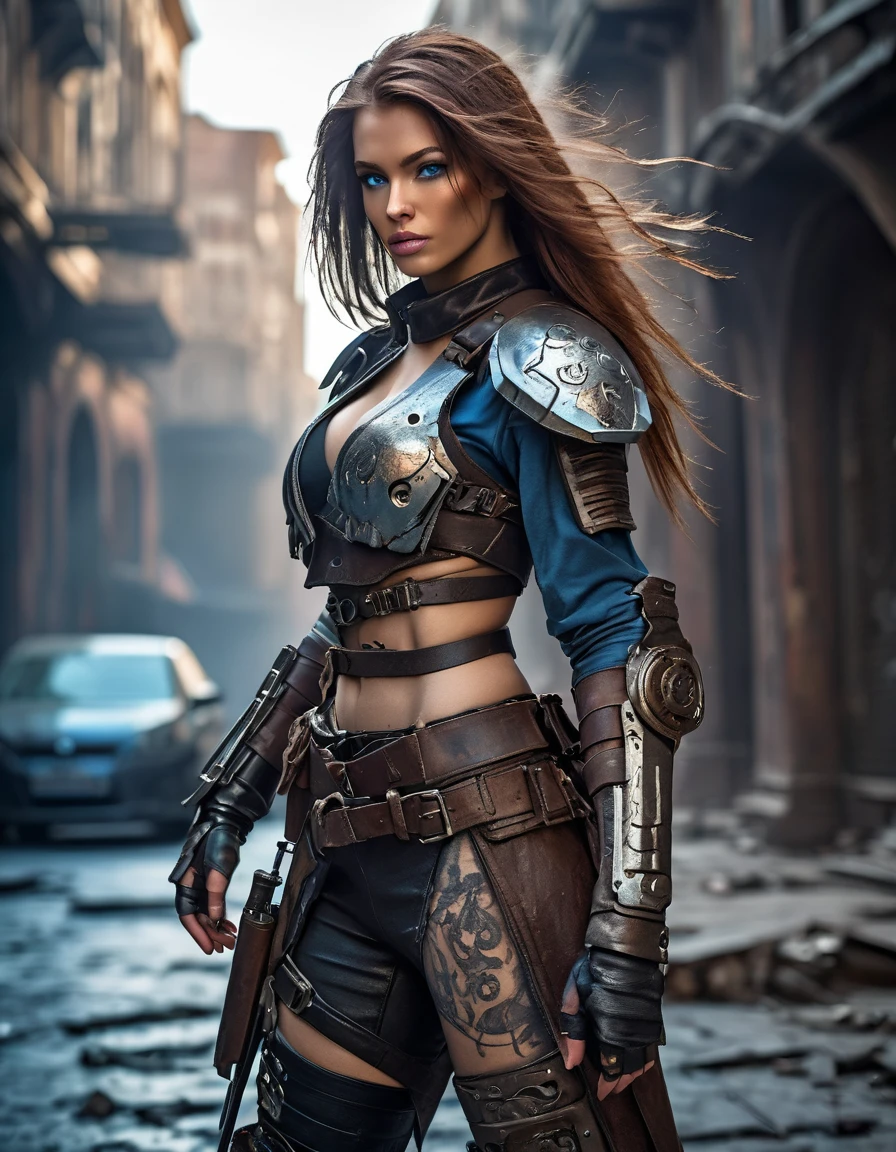 foto detalhada de uma linda guerreira futurista em uma cidade distópica, roupa esfarrapada com placas de armadura de metal enferrujadas, cabelos longos e desgrenhados, Tatuagens no braço e no corpo, pose de moda, Olhos azuis com íris redondas, rosto detalhado, ambiente apocalíptico, pose natural do corpo, Fotografo profissional, Fotografar com uma câmera SLR profissional, artista profissional de fantasia, Artista profissional de fundo rococó e barroco, Artistas profissionais da estação de arte