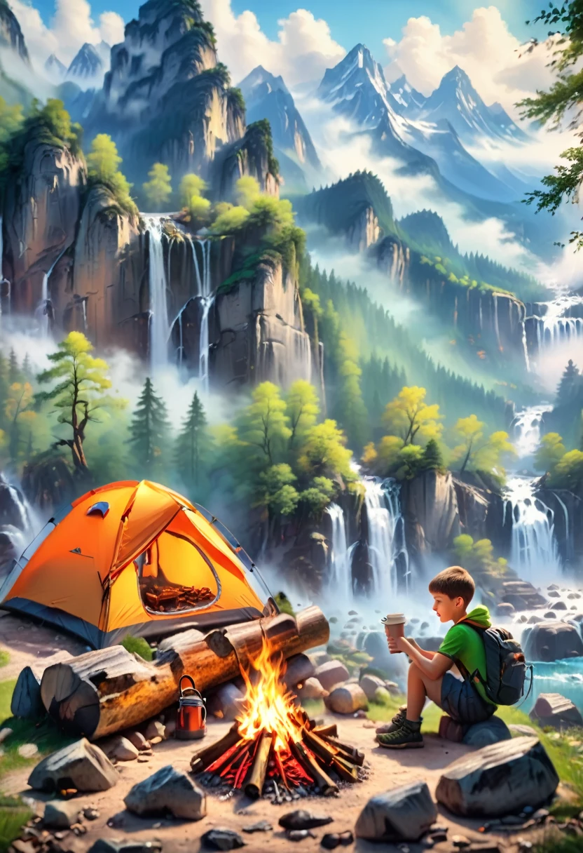 A boy camping in the wilderness, a tent, a campfire with firewood, drinking coffee, sitting near the fire, (best quality,4k,8k,highres,masterpiece:1.2),ultra-detailed,(realistic,photorealistic,photo-realistic:1.37),HDR,UHD,studio lighting,ultra-fine painting,sharp focus,physically-based rendering,extreme detail description,professional,vivid colors,bokeh,landscape