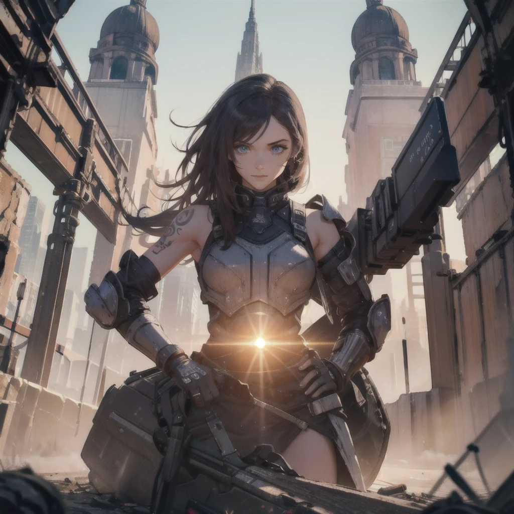 Detailed photo of a futuristic beautiful female warrior in a dystopian city, Tattered outfit with rusty metal armor plates, long and disheveled hair, Tattoos on the arm and body, Fashion pose, Blue eyes with round irises, Detailed face, Apocalyptic Environment, Natural body pose, Professional Photographer, Shooting with a professional SLR camera, Professional fantasy artist, Professional Rococo and Baroque Background Artist, Professional Art Station Artists