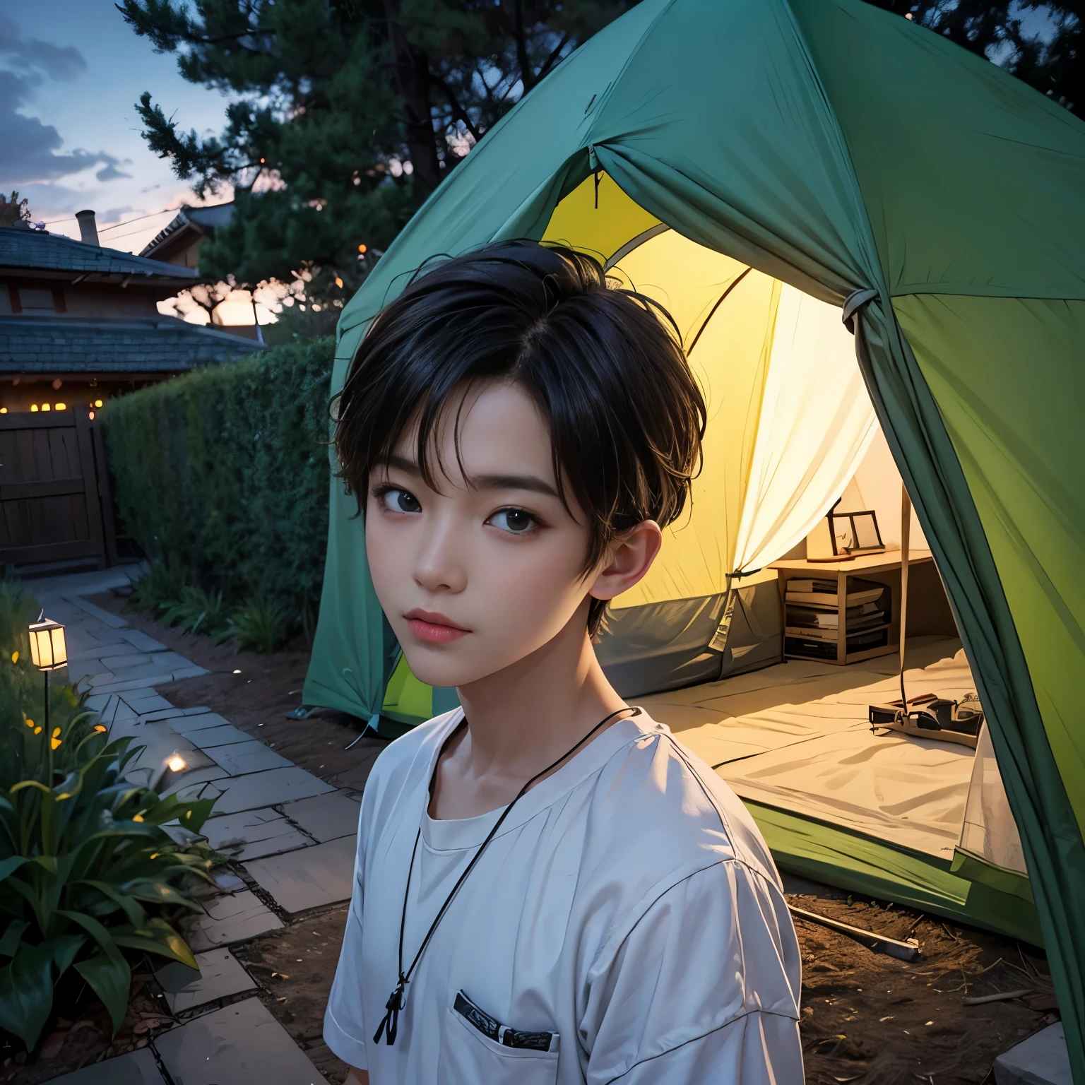 Boy camping in his garden at night、tent、Residential Street、Detailed face、Beautiful Eyes、Detailed clothing、Warm lighting、Cozy atmosphere