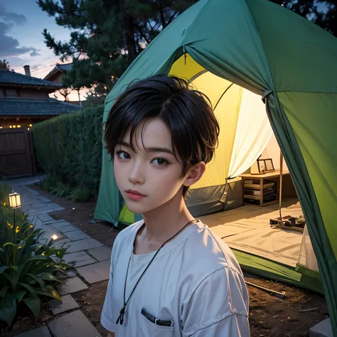 Boy camping in his garden at night、tent、Residential Street、Detailed face、Beautiful Eyes、Detailed clothing、Warm lighting、Cozy atm...