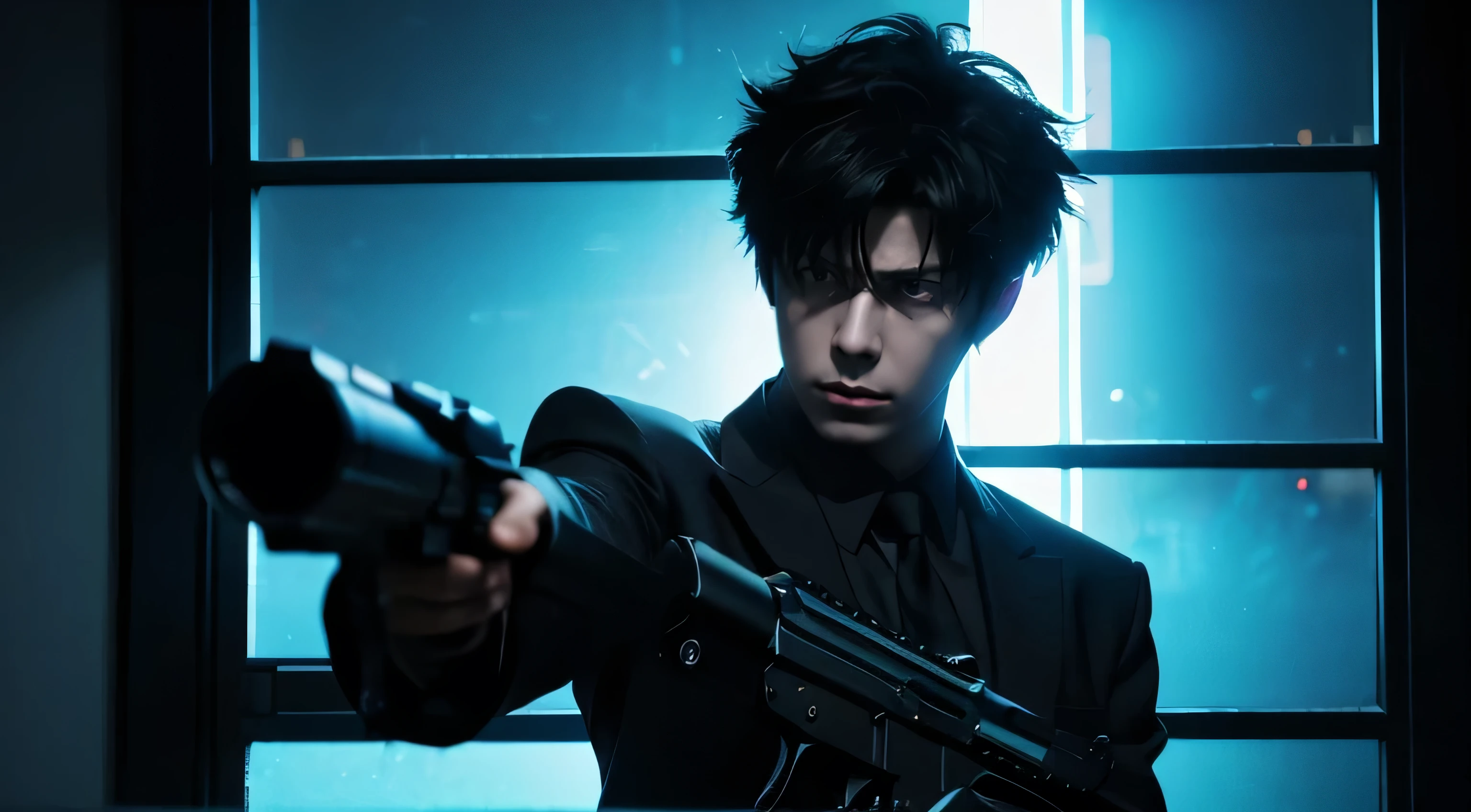 art style in the style of psycho-pass, dominator gun, anime, kogami, wielding dominator gun, dark metro, window with light, night time, neon lights in background, dramatic dark lighting