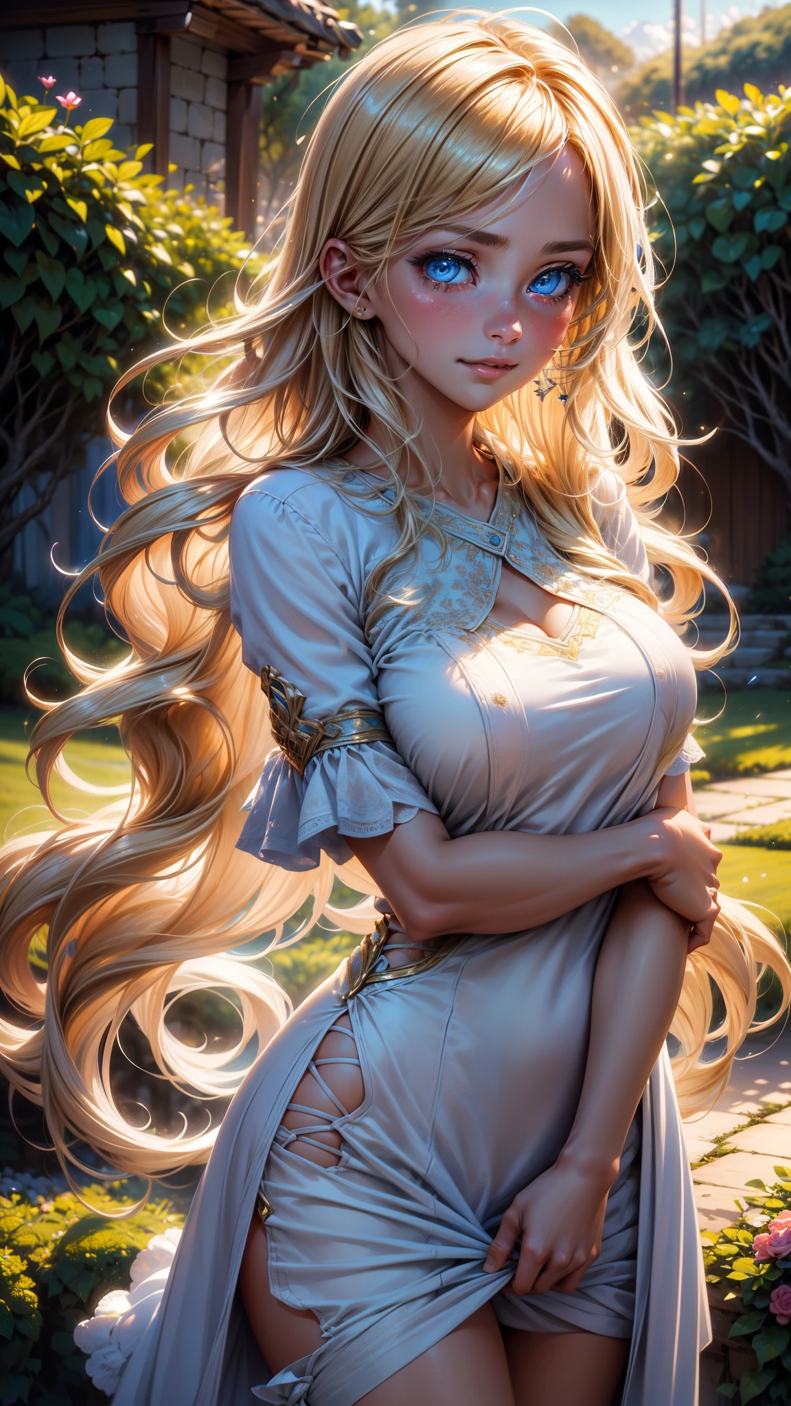 Detailed portrait of a beautiful woman with long blonde hair, standing in a garden surrounded by flowers, with a soft and gentle expression on her face, her blue eyes sparkling with a hint of tears, wearing casual clothes. (Best quality,8k,highres,masterpiece:1.2),ultra-detailed,(realistic,photorealistic,photo-realistic:1.37),HDR,UHD,studio lighting,ultra-fine painting,sharp focus,physically-based rendering,extreme detail description,professional,vivid colors,bokeh,portrait,photography,soft tones,warm and gentle lighting,(smooth straight blonde hair:1.2),(hair parted in the middle:1.2),(glowing hair),(deep blue eyes:1.3),smiling with tears in her eyes,with an overflowing soft and gentle feeling,multiple corner turns,visible emotions and specific emotions,I want to believe,long-haired beautiful girl fluttering in the wind,the promenade is full of flowers,create colorful reflections,the sun's rays illuminate joy and pure love,cast a warm golden glow on the girl's face,their love is like a blessing from God,free yourself from the hassles of this world,the atmosphere is full of happiness and laughter,it's like heaven,as if celebrating love,a combination of digital illustrations and photos,sticking to ultra-detailed depictions and vibrant colors,a style that blends romanticism and realism,you can feel the depth of love,soft pastel tones,an ethereal atmosphere like a dream,a gentle light on your face,the warmth of the hug increases,a meticulously crafted masterpiece to capture the essence of an unbreakable bond