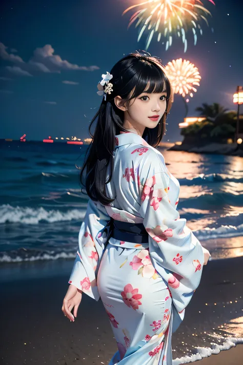 ((sexy cute mini kimono and elegant beautiful white laced panties)),
Full body,Looking back,♥(Japanese beautiful flower printed ...