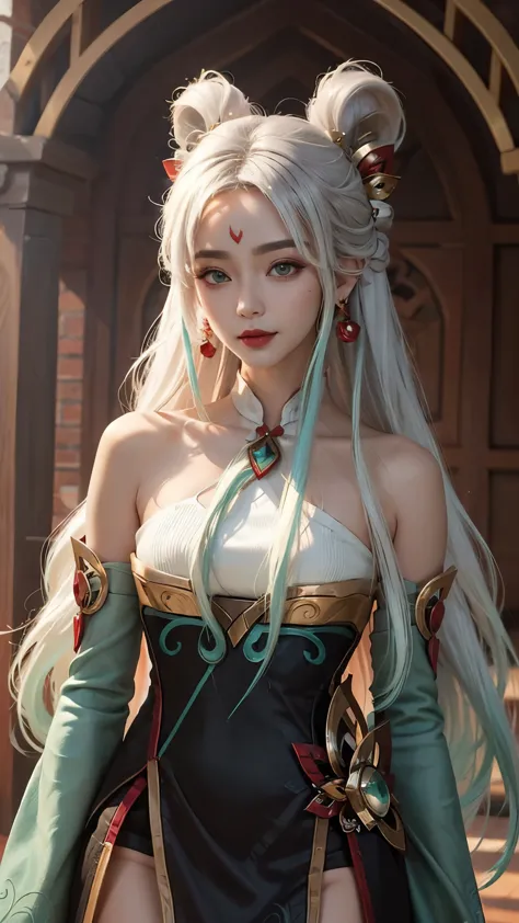 (masterpiece, best quality:1.2), intricate details, mythmaker irelia, 1girl, hair ornament, hair rings, bare shoulders, dress, d...